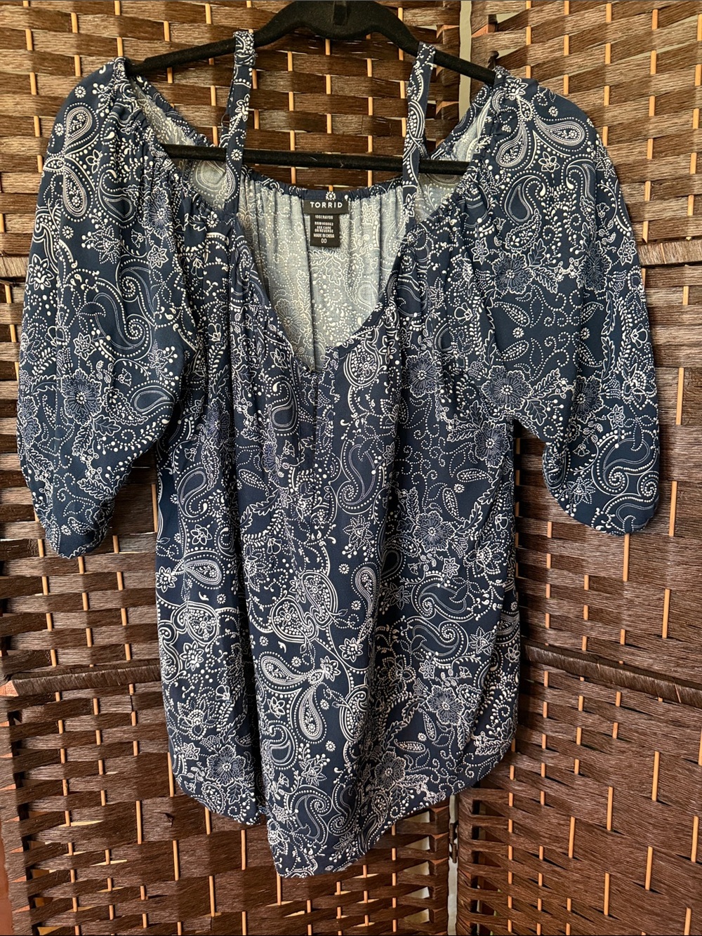 Torrid Navy Paisley Cold-Shoulder Top with V-Neck